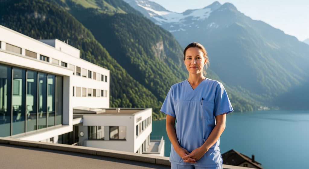 Bild einer Pflegefachkraft vor einem Spital in der Schweiz