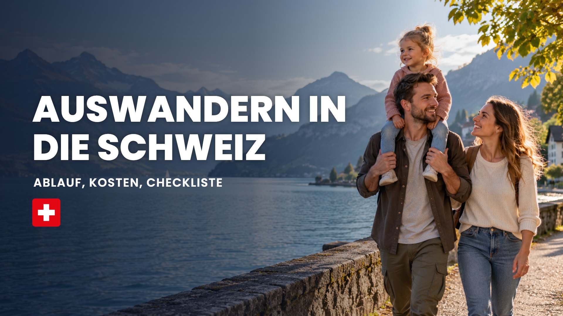 Auswandern in die Schweiz: Familie mit Kind spaziert am Seeufer vor den Bergen