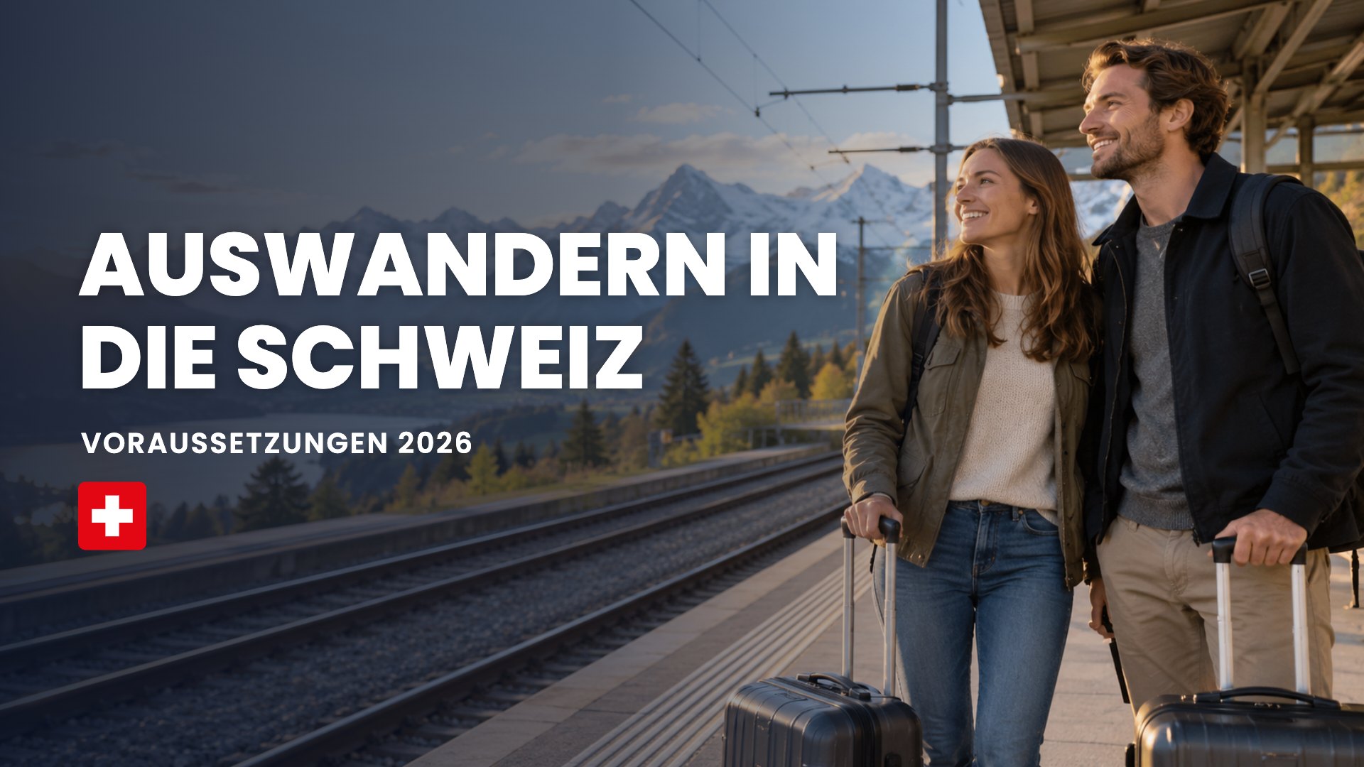 Auswandern in die Schweiz: Paar mit Koffern auf einem Bahnsteig mit Blick auf See und Berge