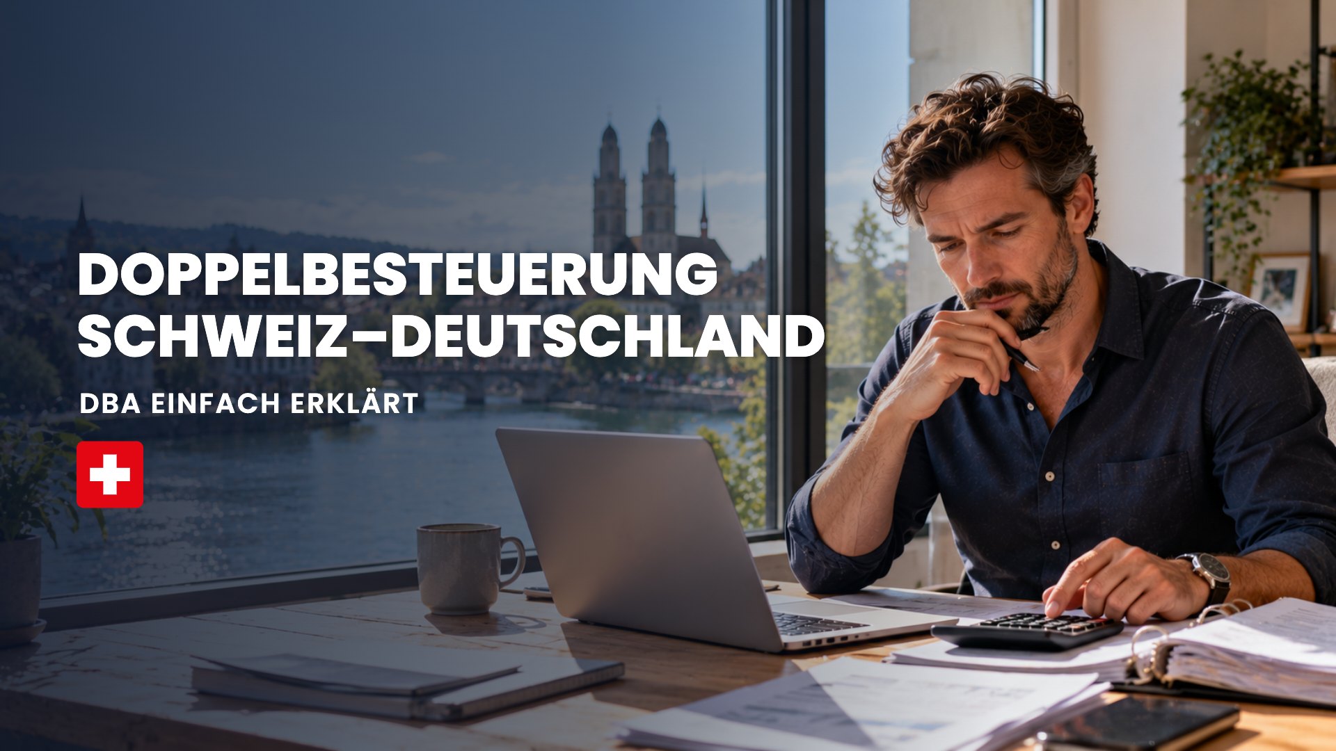 Doppelbesteuerung Schweiz Deutschland: Mann rechnet am Schreibtisch mit Blick auf Zürich