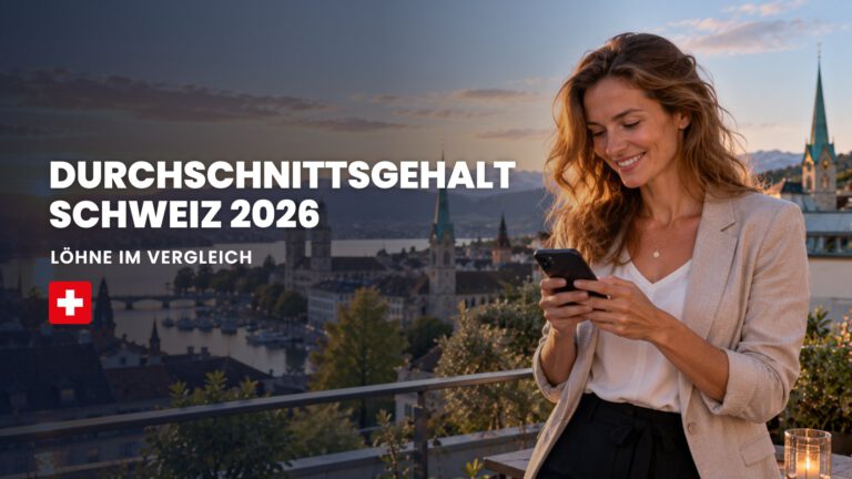 Durchschnittsgehalt Schweiz: Frau auf einer Dachterrasse in Zürich mit Smartphone