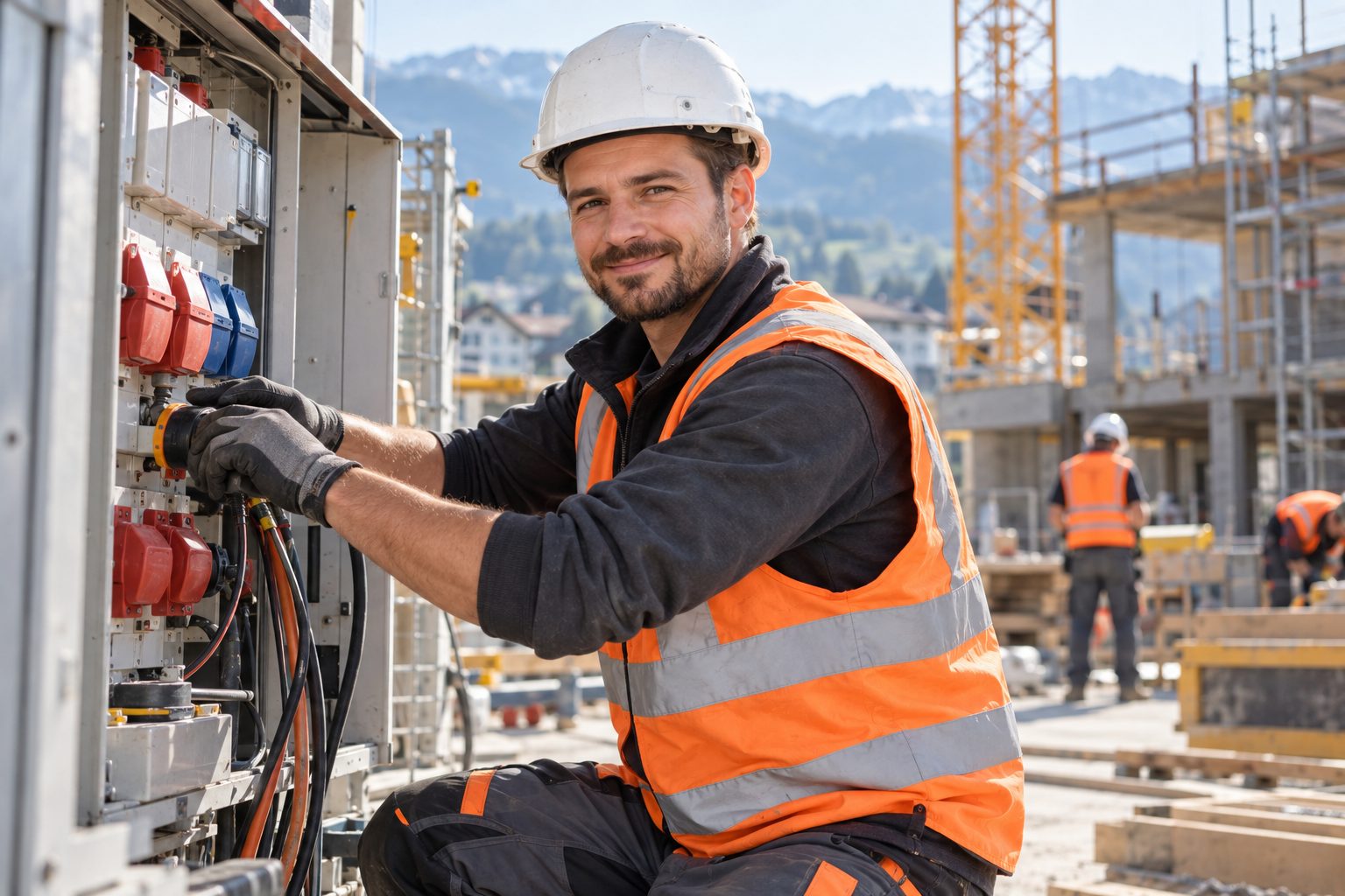 Elektriker mit Helm und Warnweste auf einer Baustelle in der Schweiz