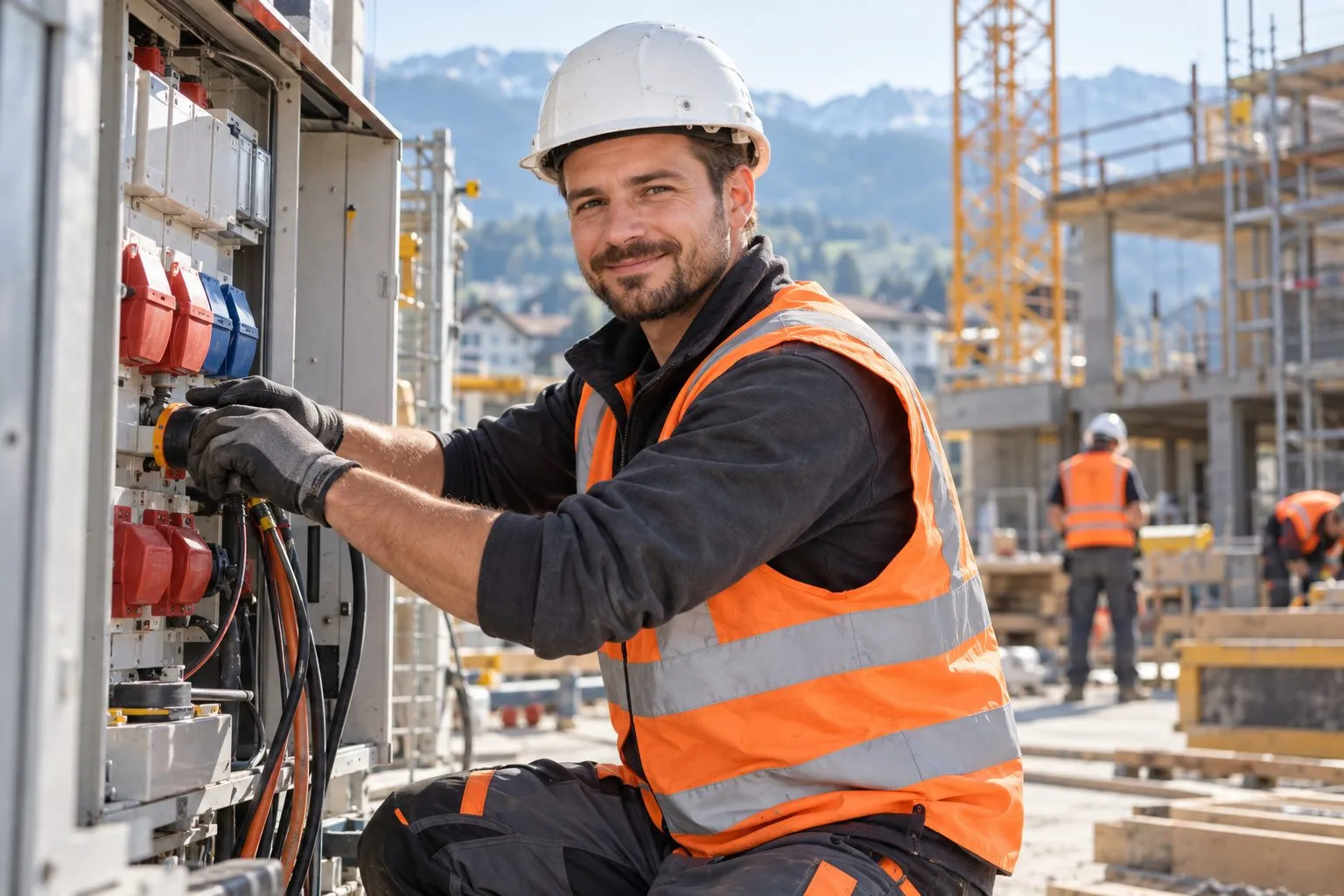 Elektriker mit Helm und Warnweste auf einer Baustelle in der Schweiz