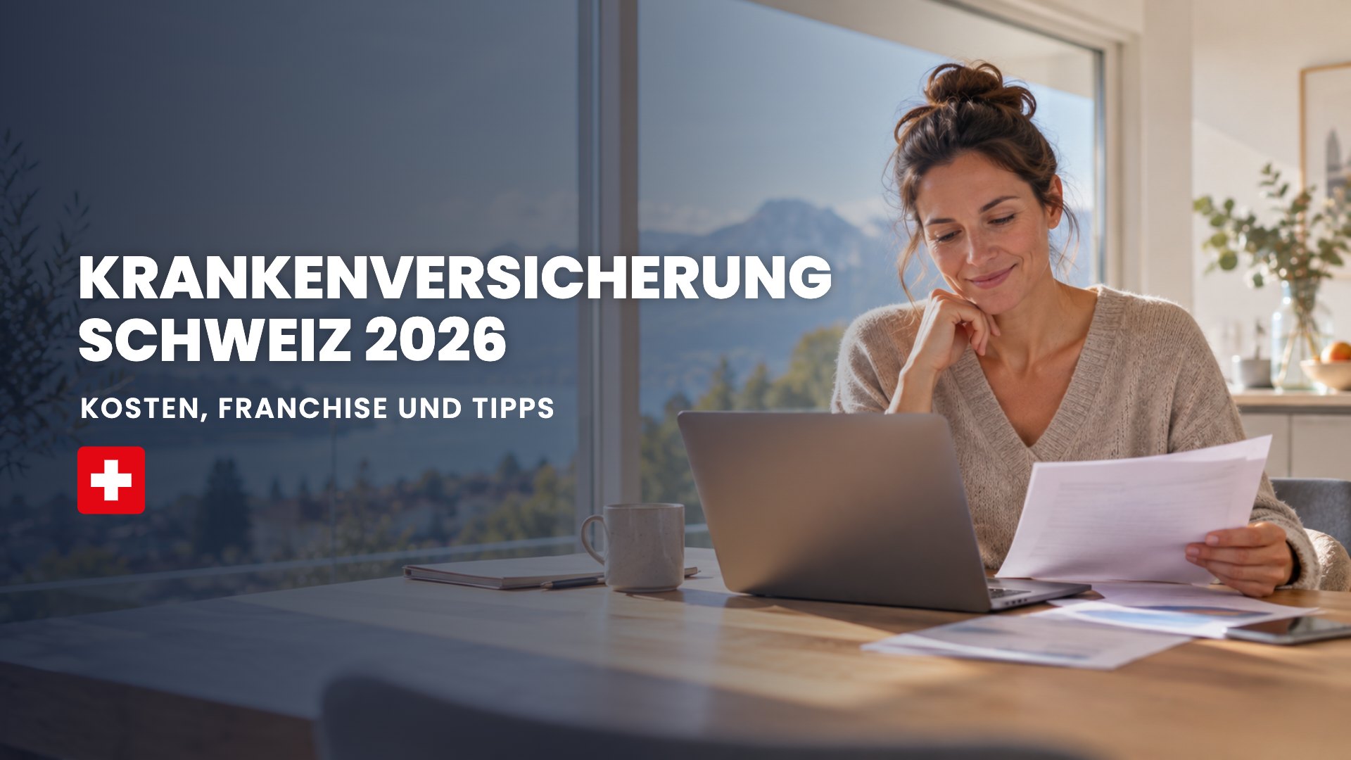 Krankenversicherung Schweiz 2026: Frau vergleicht Krankenkassen am Küchentisch mit Blick auf See und Berge