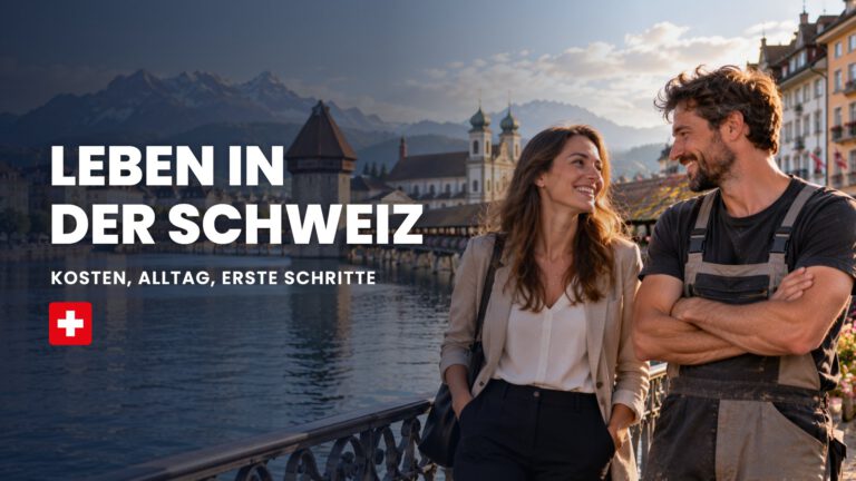 Leben in der Schweiz: zwei Menschen unterhalten sich in Luzern vor der Kapellbrücke
