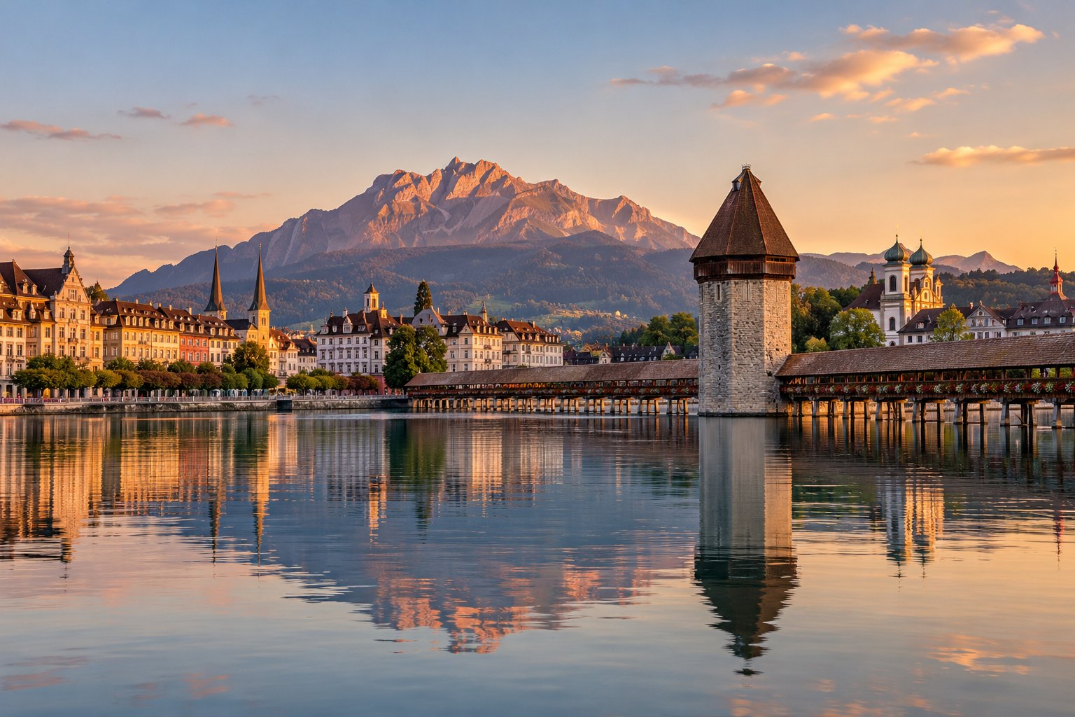 Luzern mit Kapellbrücke, Vierwaldstättersee und Pilatus