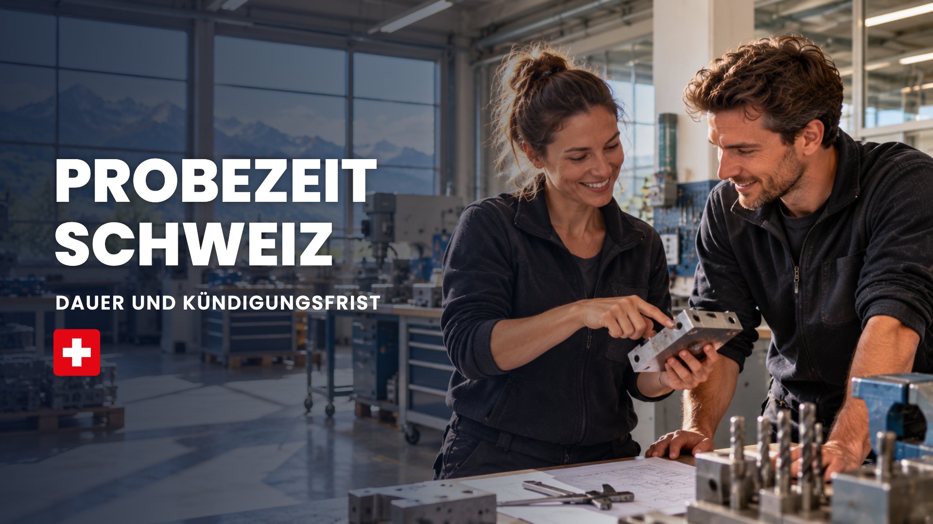 Probezeit Schweiz: Kollegin erklärt einem neuen Mitarbeiter ein Werkstück in der Werkstatt