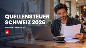 Quellensteuer Schweiz: Mann prüft im Café in Zürich seine Lohnabrechnung