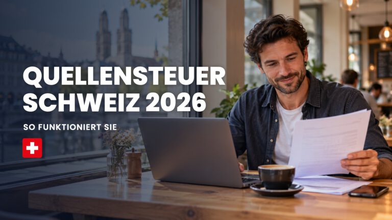 Quellensteuer Schweiz: Mann prüft im Café in Zürich seine Lohnabrechnung