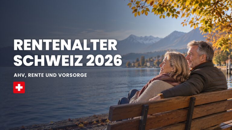 Rentenalter Schweiz 2026: Paar auf einer Bank am Seeufer mit Blick auf die Berge