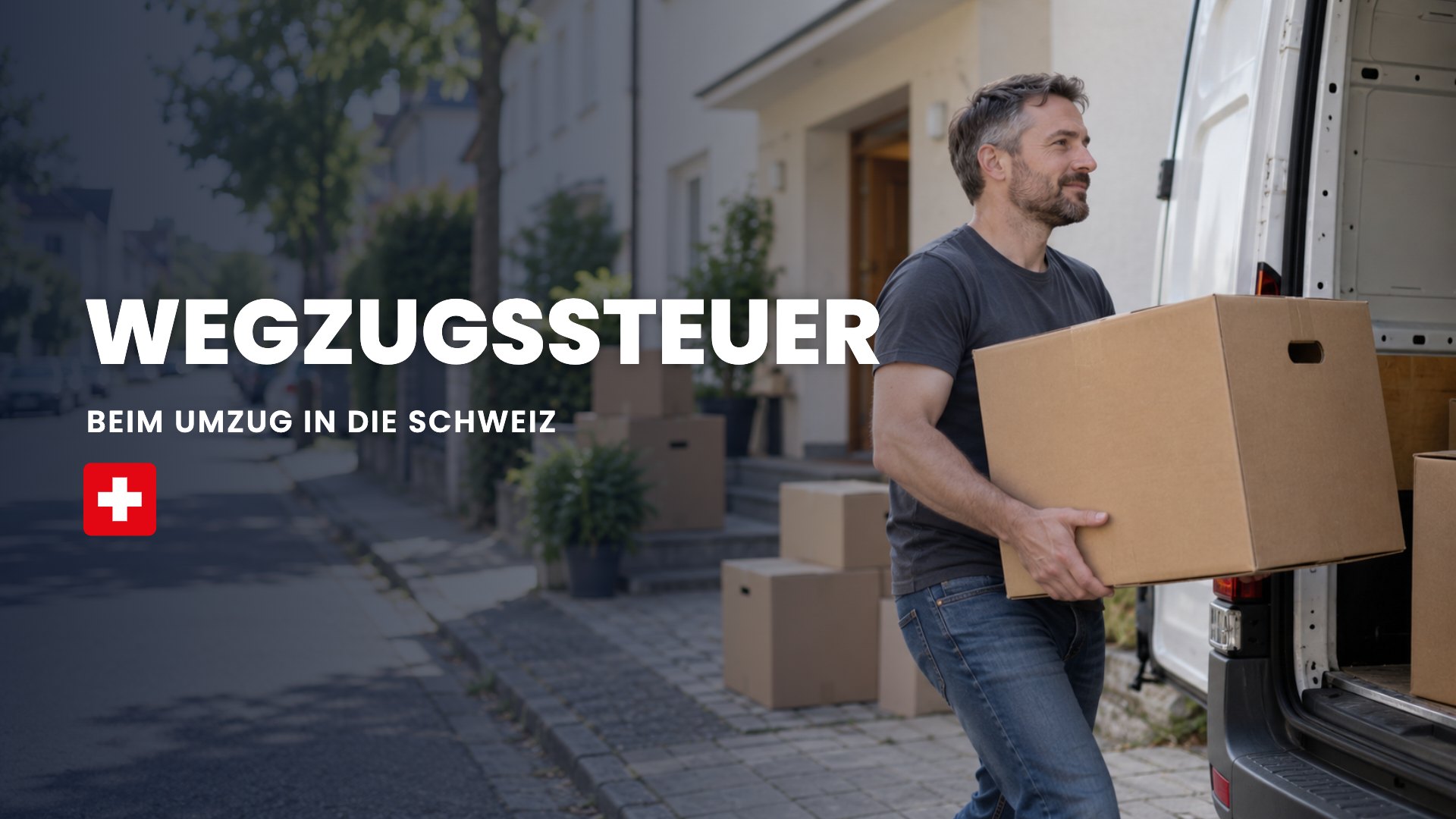 Wegzugssteuer: Mann trägt einen Umzugskarton zum Transporter